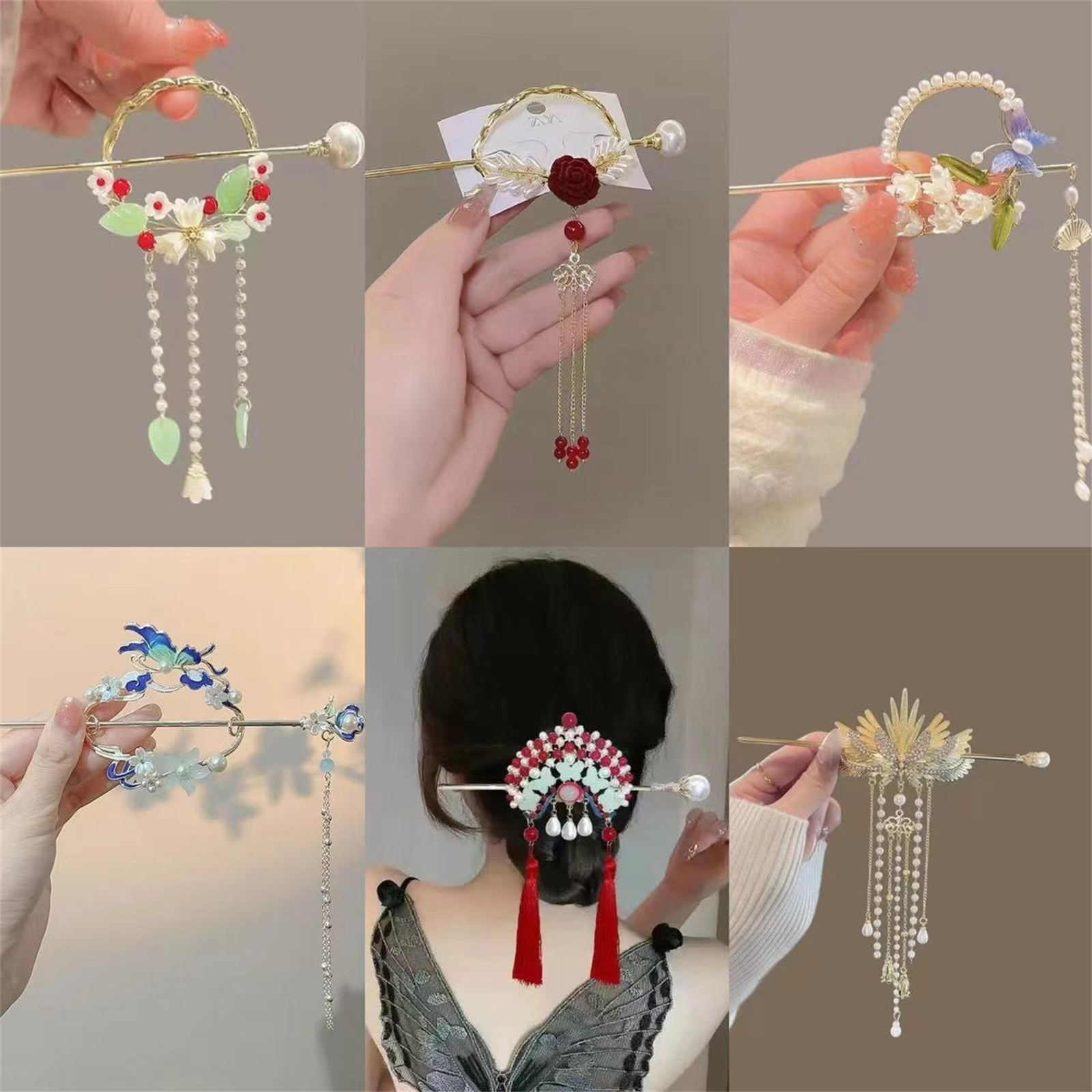 Go Ethnic Fashion - Ethnische Haarnadel für Frauen, exquisite Glitzer-Blumen-Quasten-Haarnadel,